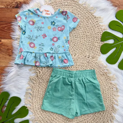 Conj. Blusa Bichinhos com Flores e Short - Verde