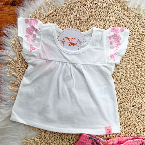 Conj. Bata com Flores nas Mangas e Calça Legging - Rosa