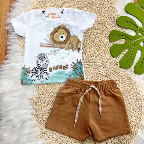 Conj. Camiseta Safari e Bermuda - Branco e Marrom