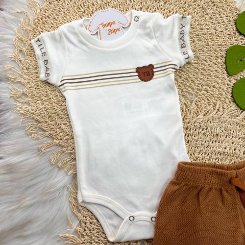 Conj. Body Listras Ursinho e Bermuda - Off White e Ferrugem
