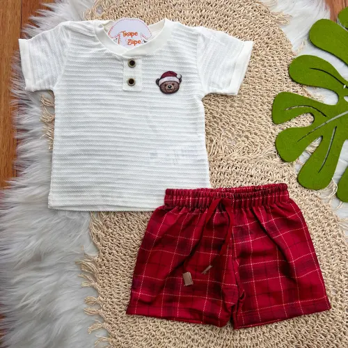 Conj. Camiseta Ursinho Noel e Bermuda Xadrez - Off White e Vermelho