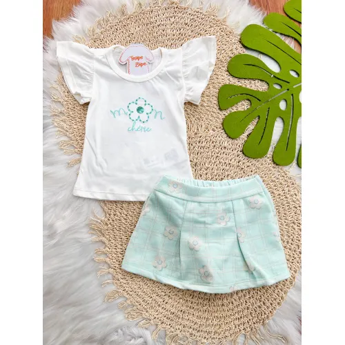 Conj. Blusa Mon Chérie e Short Saia Flores - Verde Água e Off White
