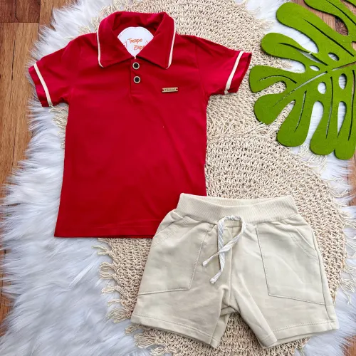 Conj. Camisa Gola Polo com Listra e Bermuda - Vermelho e Areia