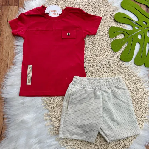 Conj. Camiseta Wind&Tide e Bermuda - Vermelho e Areia