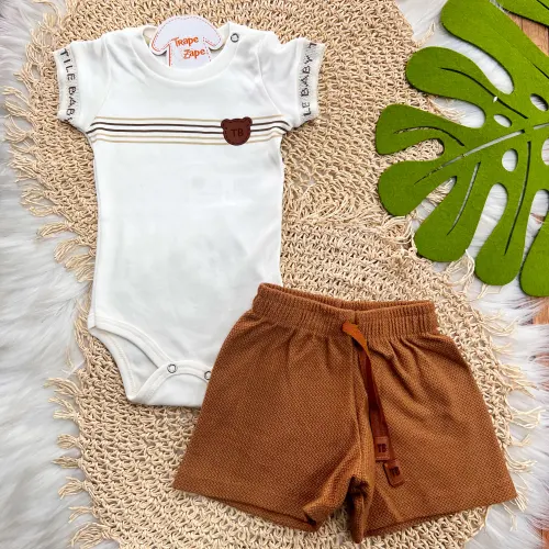 Conj. Body Listras Ursinho e Bermuda - Off White e Ferrugem