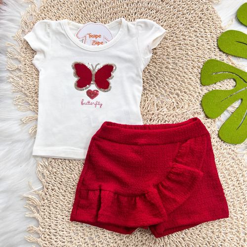 Conj. Blusa Borboleta e Short - Off White e Vermelho