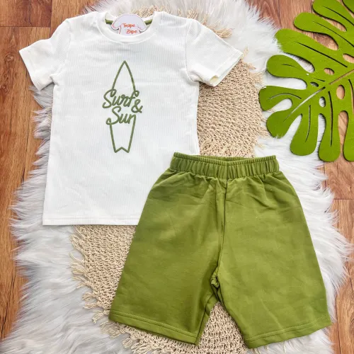 Conj. Camiseta Surf&Sun e Bermuda - Off White e Verde