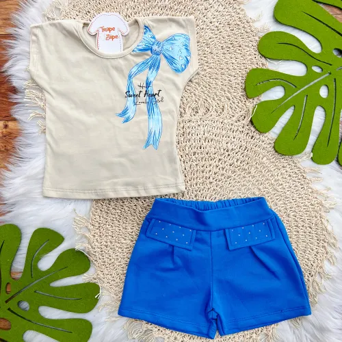 Conj. Blusa Sweet Heart e Short - Areia e Azul