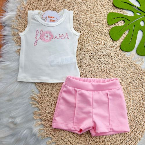 Conj. Regata Flower e Short - Off White e Rosa