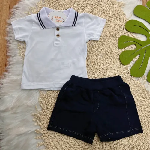 Conj. Camiseta Gola Polo Dois Botões e Bermuda - Branco e Marinho