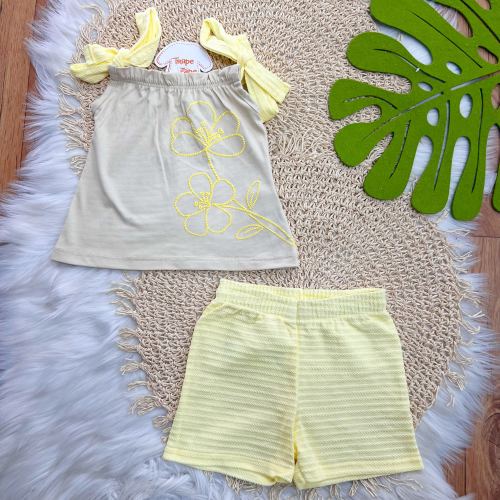 Conj. Regata Flor Tropical e Short - Amarelo e Areia