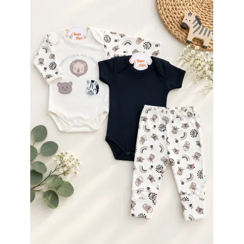  CONJ. DE MALHA 3 PEÇAS - Aventura na Selva - Preto e Off White