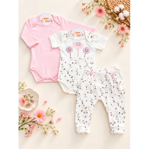  CONJ. DE MALHA 3 PEÇAS - Três Florzinhas Fofas - Off White