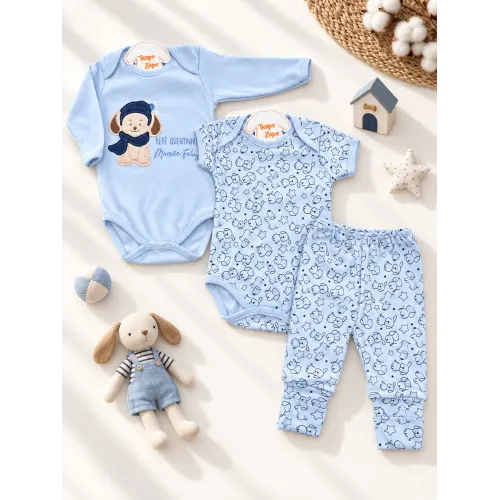  CONJ. DE MALHA 3 PEÇAS - Bebê Quentinho, Mamãe Feliz - Azul Bebê 