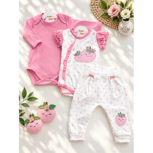 CONJ. DE MALHA 3 PEÇAS - Moranguinhos - Rose e Off White