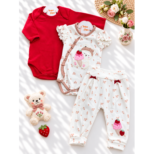 CONJ. DE MALHA 3 PEÇAS - Ursinha com Sorvete - Vermelho e Off White