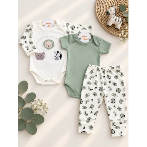  CONJ. DE MALHA 3 PEÇAS - Aventura na Selva - Verde e Off White