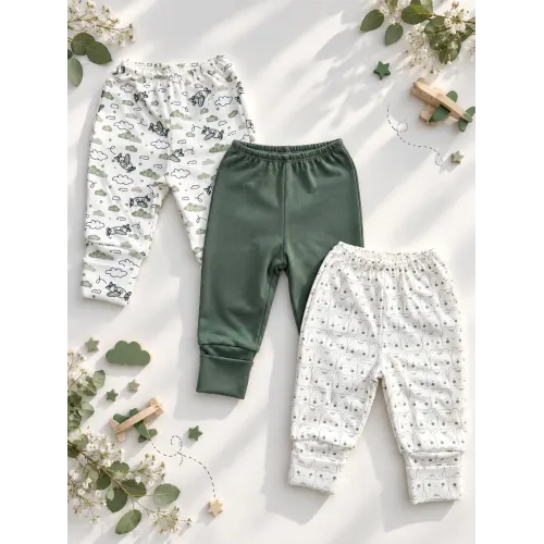 Kit 3 Calças - Aviões, Verde Musgo, Ursinhos - Verde e Off White