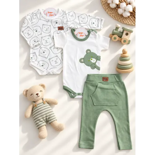  CONJ. DE MALHA 3 PEÇAS - Bear - Verde e Off White