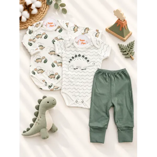 CONJ. DE MALHA 3 PEÇAS -  My Little Dino - Off White e Verde Militar