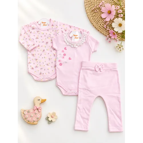  CONJ. DE MALHA 3 PEÇAS - Flores Bordadas e Gola Gripyr - Rosa Bebê