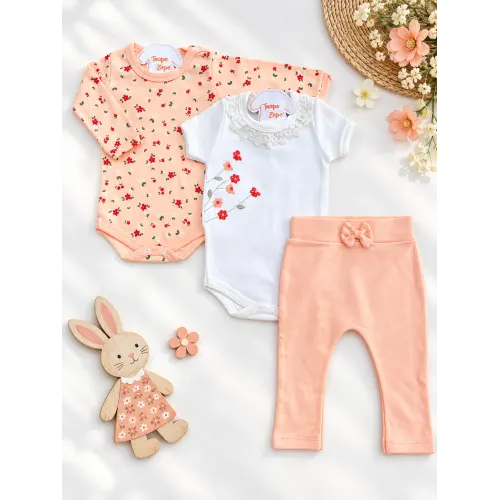  CONJ. DE MALHA 3 PEÇAS - Flores Bordadas e Gola Gripyr - Off White e Salmão