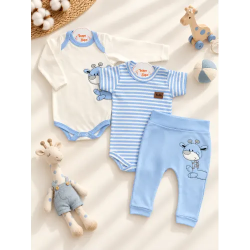  CONJ. DE MALHA 3 PEÇAS - Girafa Azul - Off White e Azul