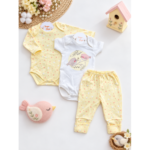  CONJ. DE MALHA 3 PEÇAS - Passarinhos e Confetes - Off White e Amarelo