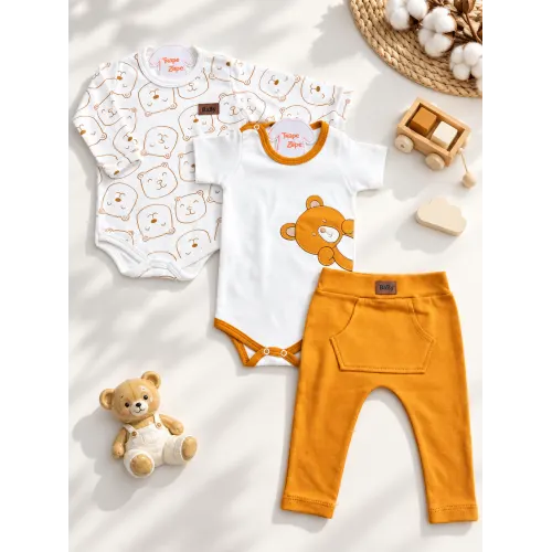  CONJ. DE MALHA 3 PEÇAS - Bear - Mostarda e Off White