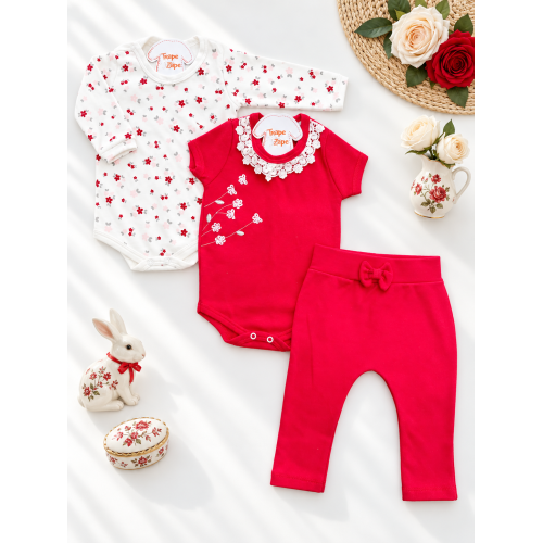  CONJ. DE MALHA 3 PEÇAS - Flores Bordadas e Gola Gripyr - Off White e Vermelho
