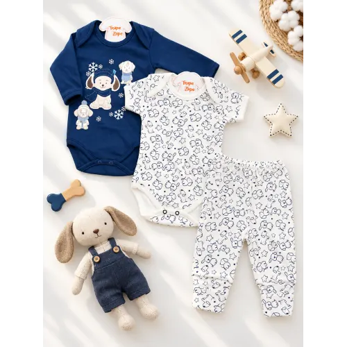  CONJ. DE MALHA 3 PEÇAS - Doguinhos Quentinhos - Marinho e Off White