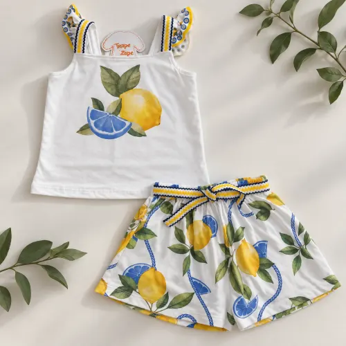 Conj. Regata e Short Saias Limões - Off White e Amarelo