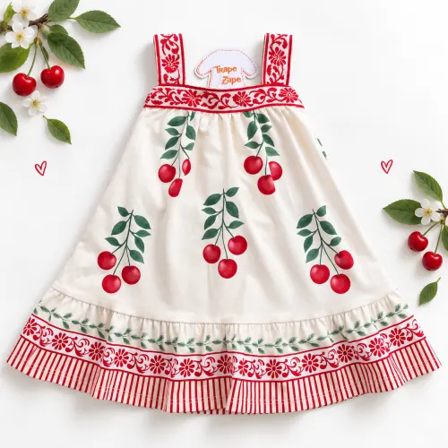 Vestido Cerejinhas com Passamanaria Floral - Areia e Vermelho