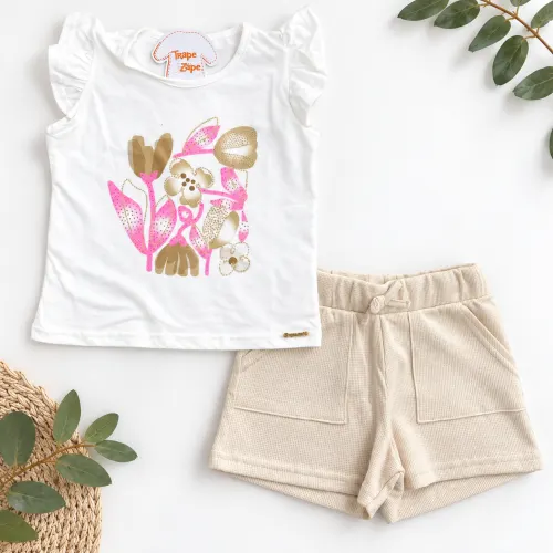 Conj. Blusa Flores e Short com Strass - Off White e Rosa