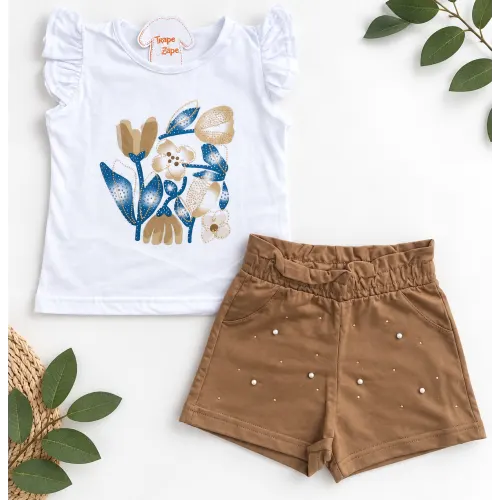 Conj. Blusa Flores e Short com Strass - Branco e Azul