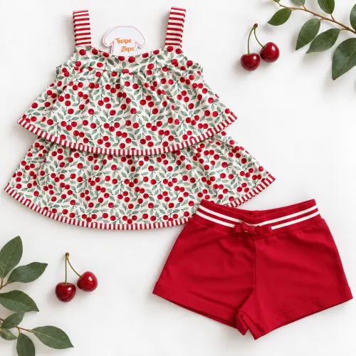 Conj. Batinha Mini Cerejinhas e Short - Areia e Vermelho