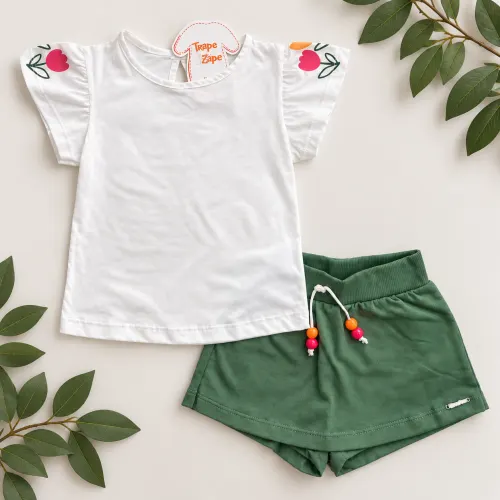 Conj Blusa Tulipas e Shorts Saia Verde