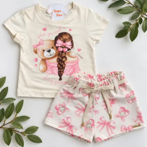  Conj. Blusa Cherry Princess Girl e Short em Linho - Areia
