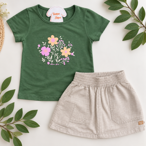 Conj Verde Jardim de Flores e Shorts Saia