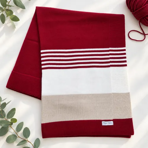 Manta de Linha Listrada - Vermelho, Branco e Areia