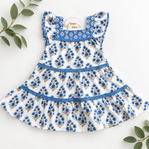  Vestido Floral com Plantas Douradas - Azul
