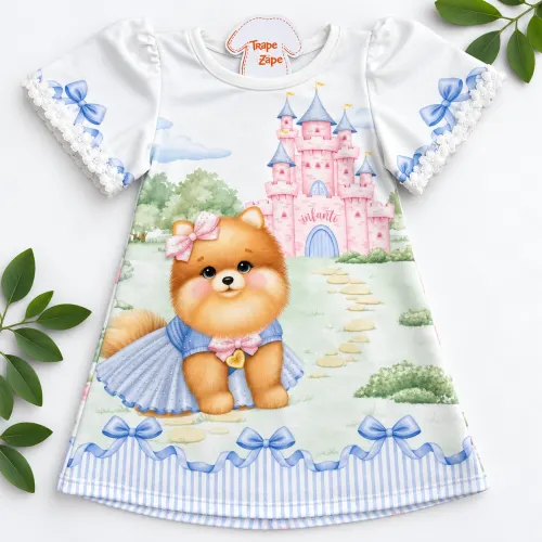 Vestido Doguinha com Castelo - Off White e Azul Bebê