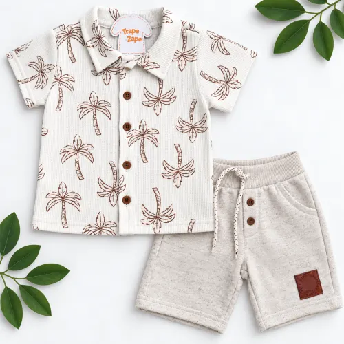 Conj. Camiseta Coqueiros e Bermuda em Linho - Areia e Marrom
