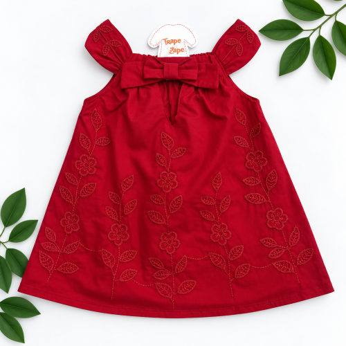  Vestido com Flores Bordadas e Laço - Vermelho
