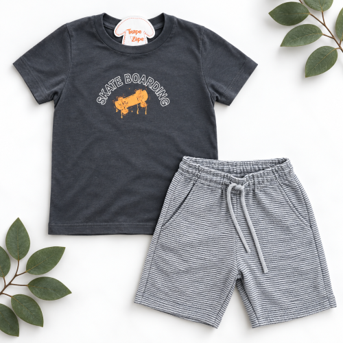  Conj Skate boarding e Chumbo e Laranja Short Listrado