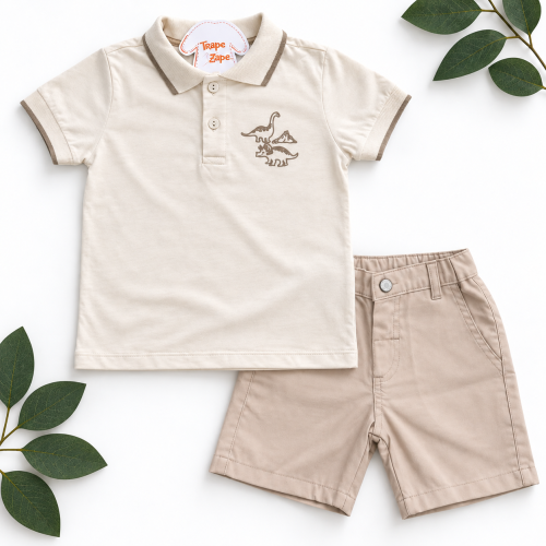 Conj Camiseta Polo dinossauros e Short sarja Areia