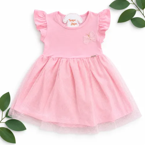 Vestido em malha e tule Rosa Borboleta 