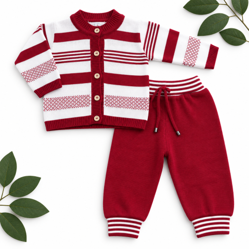 Conj de linha vermelho listrado e calça lisa