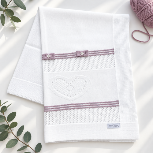 Manta de Linha Coração Dois Laços - Branco e Lilás