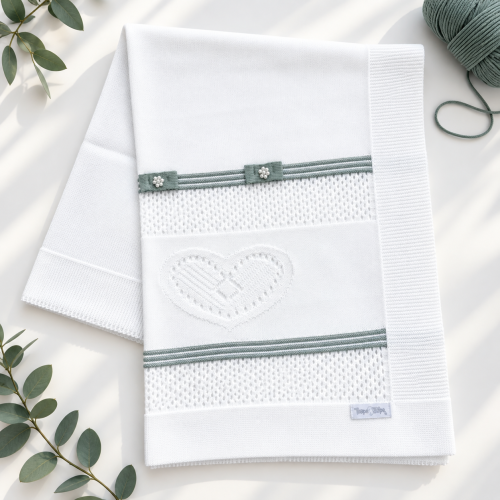 Manta de Linha Coração Dois Laços - Branco e Verde